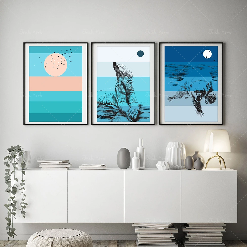 

Polar Bear Scandinavian Print, Arctic Day and Night, Nordic Sunrise Bear Life, Scandinavian Minimalist Geometric
