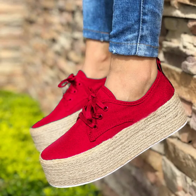 red A Puimentiua Fashion Women Ladies Espadrille Shoes Canvas Thick bottom Flats Shoes Girls Lace up Round Toe Casual Flats - Цвет: red A