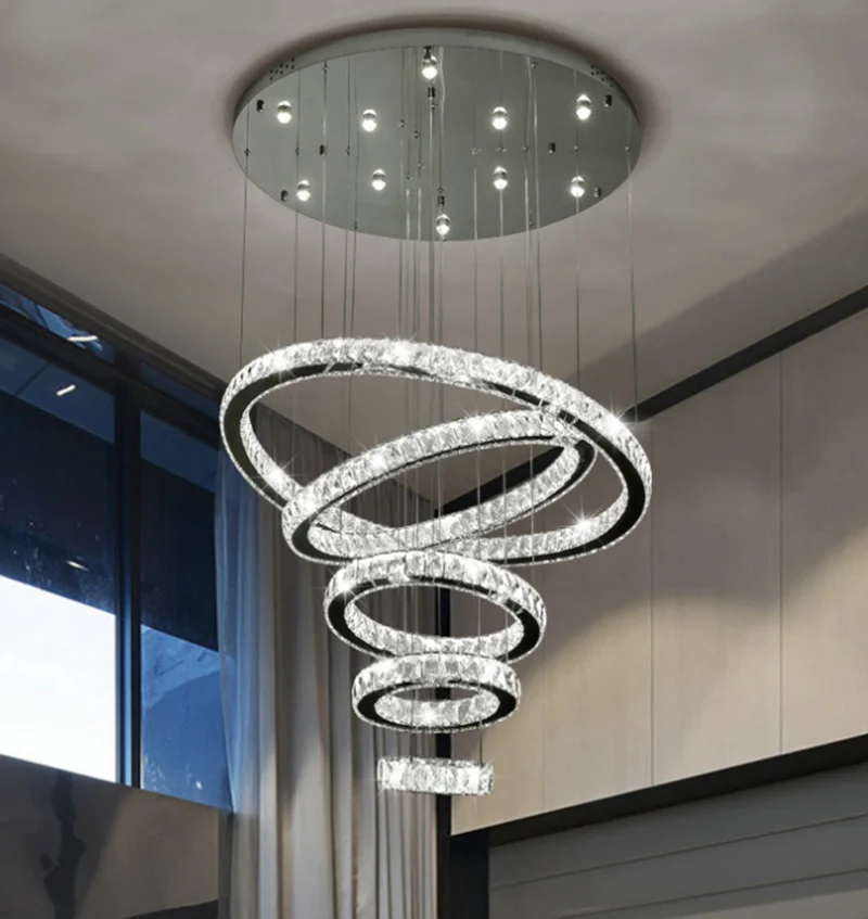 Роскошный большой светодиодный круглый хрустальный светильник-люстра с 5 кольцами, спиральная Подвесная лампа, современный светильник-люстра, светильник для лестниц и отелей