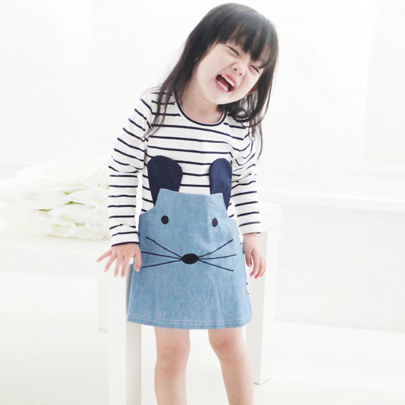 Платья для маленьких девочек; Полосатое лоскутное платье с длинными рукавами и героями мультфильмов; милая детская одежда с мышкой для девочек; детское платье для девочек