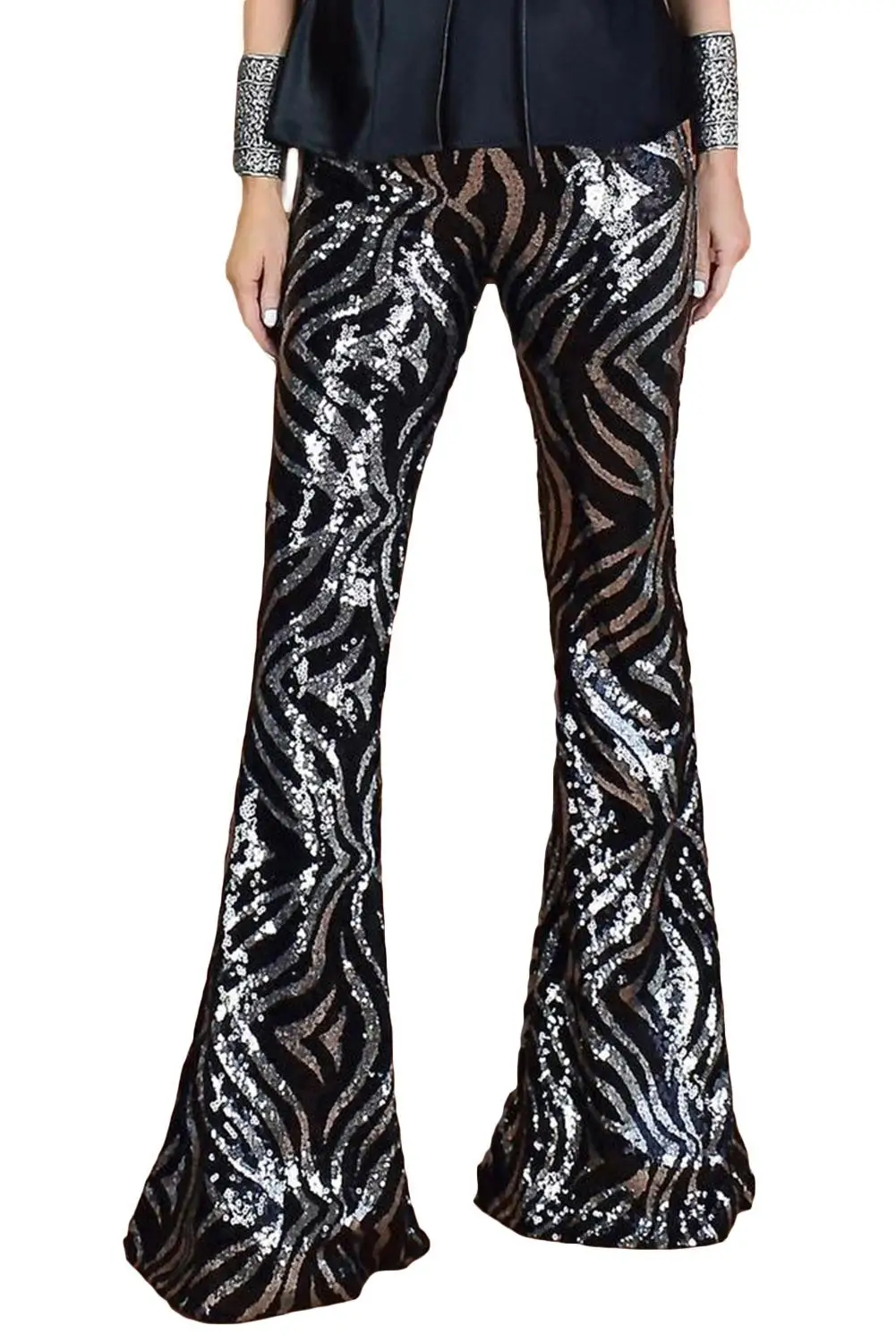 LIVA GIRL Swirl узор черный Серебряный блесток расклешенные брюки для женщин эластичные Высокая талия Длинные блесток брюки женские танцевальные брюки XL - Цвет: Черный