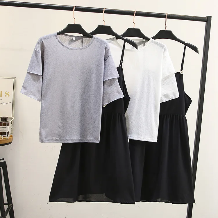 

2019 New Style Large Size Dress Fat Mm Sister Summer Wear Western Style by Age Fat Woman Slimming Belly Covering Set Two-Piece S