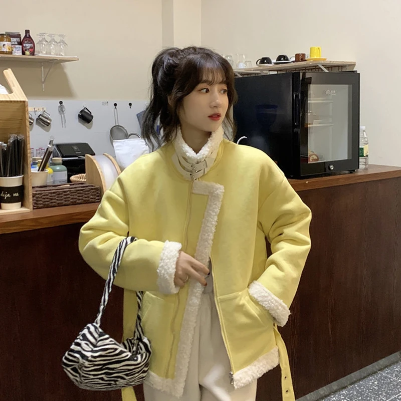 

Fur One-piece Coat Loose Stand Collar Zipper Lace-up Thicken Warm Coats Yellow Lamb Plush Locomotive Jackets for Women