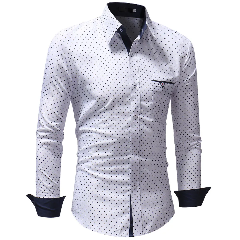 Camisa Masculina, Мужская Осенняя Повседневная официальная приталенная рубашка в горошек с длинным рукавом, топ, блузка, модные мужские облегающие рубашки