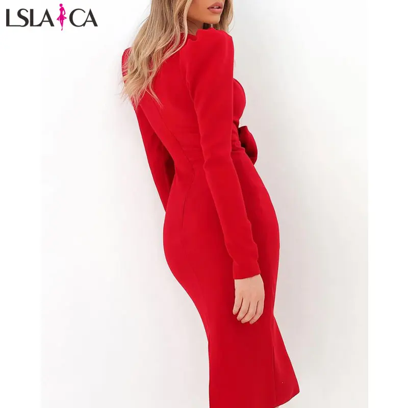 Lslaica, женское платье, красное, с длинным рукавом, с бантом, украшенное глубоким v-образным вырезом, с высокой талией, длинные платья, повседневные, элегантные, вечерние, облегающее платье, горячая распродажа