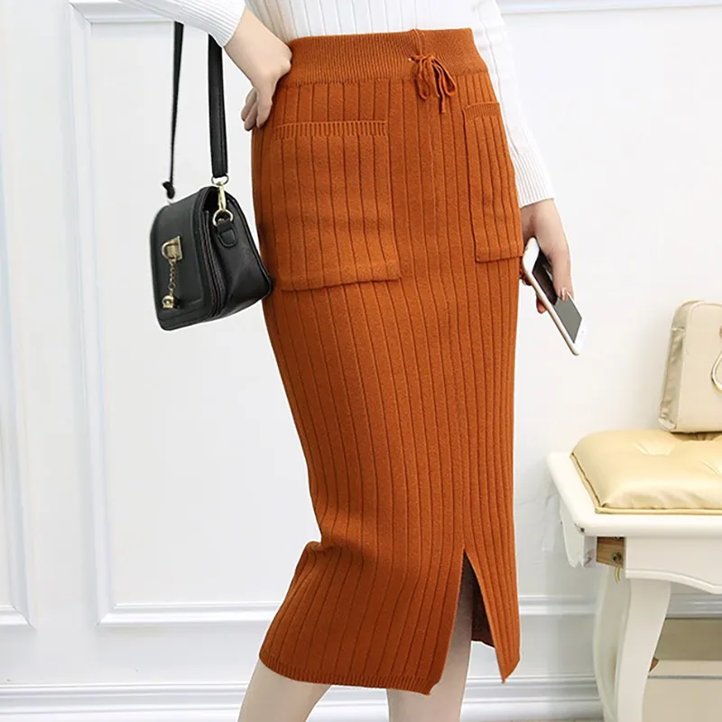 Women Skirt Front Slit Sexy Bodycon Pencil Skirts Solid Color Knit Midi Skirts Jupe Femme Elegant Autumn Winter Casual Skirts