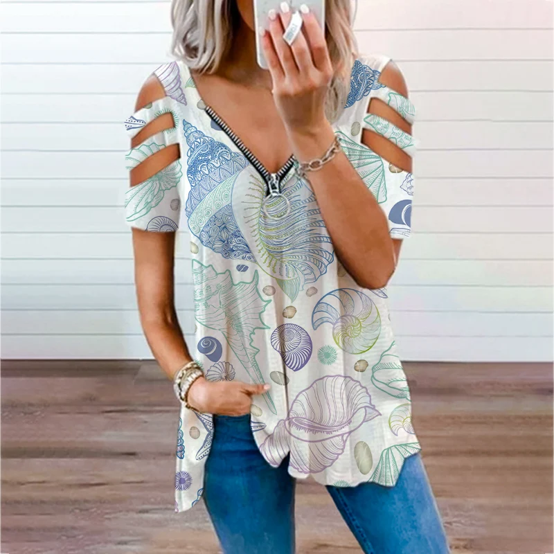 

2021 European and American popular plus size V-neck women's autumn print street hipster long-sleeved zipper pullover T-shirt