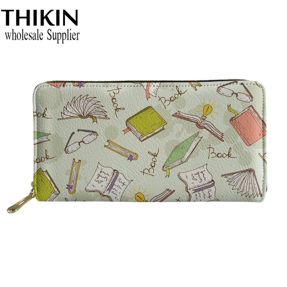 THIKIN Women Clutch Wallet Cartoon Book Glasses Pattern Female Fashion PU Leather Coin Bag Ladies Pocket Waterproof Money Bag