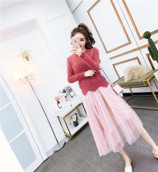 

Korean Fashion Women Nail Bead 2019 Fall Wave Long-Sleeved Sweater & Gauze Of Tall Waist Pleated Skirt Suits Vestido Girl Set