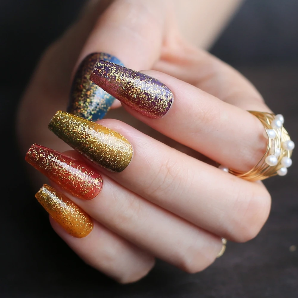 Multicolored Jelly Glitter Summer Ombre Coffin Fake Nails Orange Yellow Red Green Salon Glossy Ballet Nail False Nail Medium Art False Nails Aliexpress