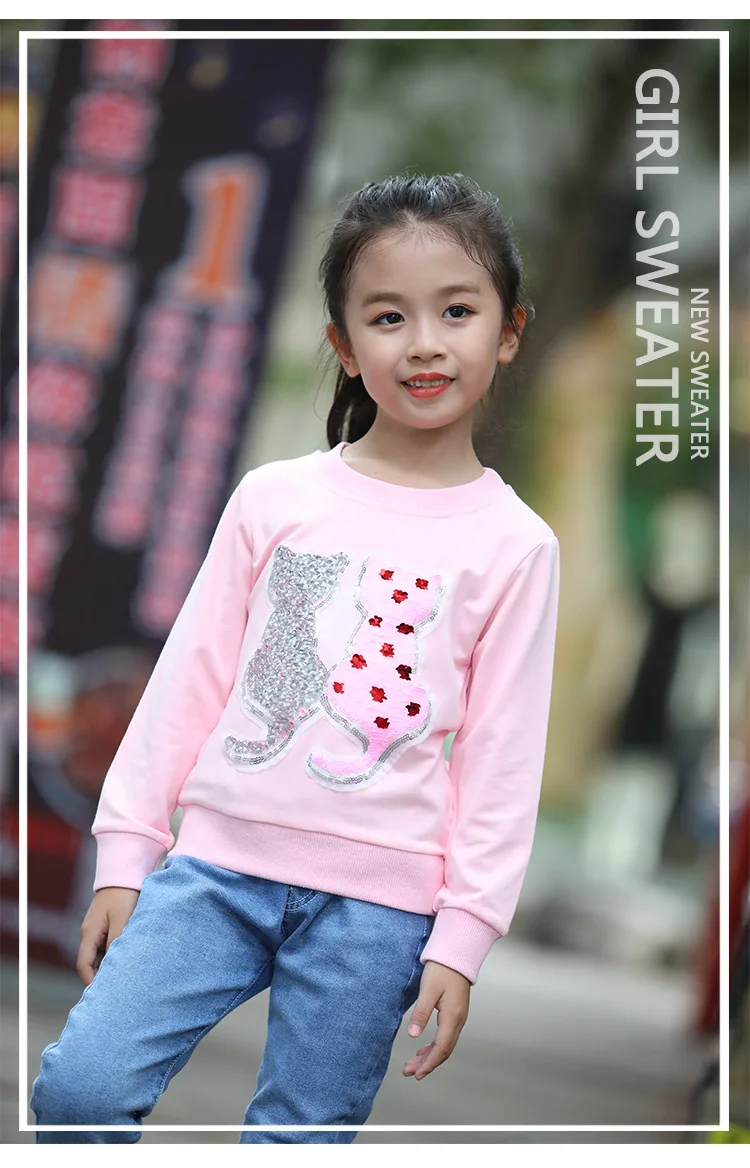 Cartoon Sequins Cat Sweatshirt Kids Girls Spring Children Cotton Long Sleeve Tshirts Fashion Cute Tops Toddler Clothes New