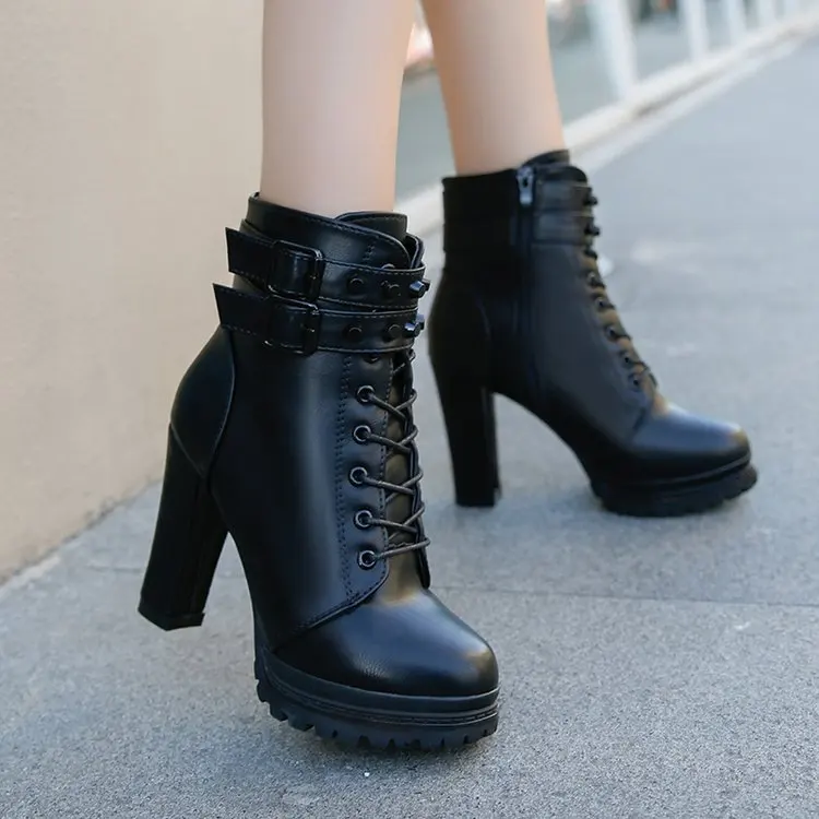 

Women High Heel 11 cm Shoes Martain Boot Leather Lace-Up British Style Solid Color Round Toe Shoe Retro Rivet Motorcycle Boots