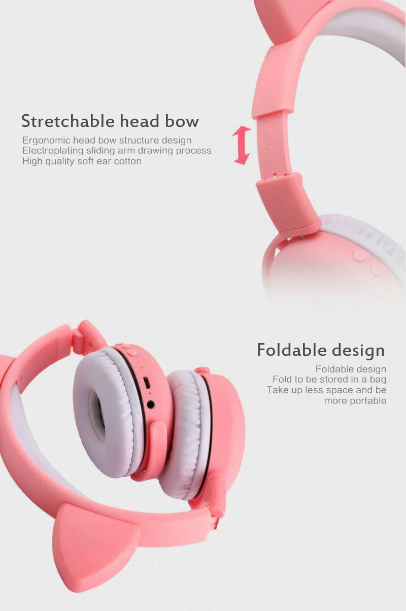 Cute Cat Ear Kids Headphone LED light With Mic Cartoon wireless Bluetooth 5 0 headphone Girl Gaming Headset For Child Gift