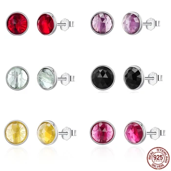 

Bisaer 925 Sterling Silver Earrings 7 Colors Fashion Style Simple Round Glass Stone Stud Earrings For Women Fashion Jewelry Gift