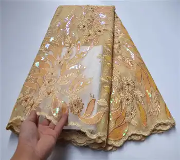 

Gold African Lace Fabric High Quality Embroidered Sequins Lace Fabric French Net Lace For Nigerian Evening Party Dress PSA964-1