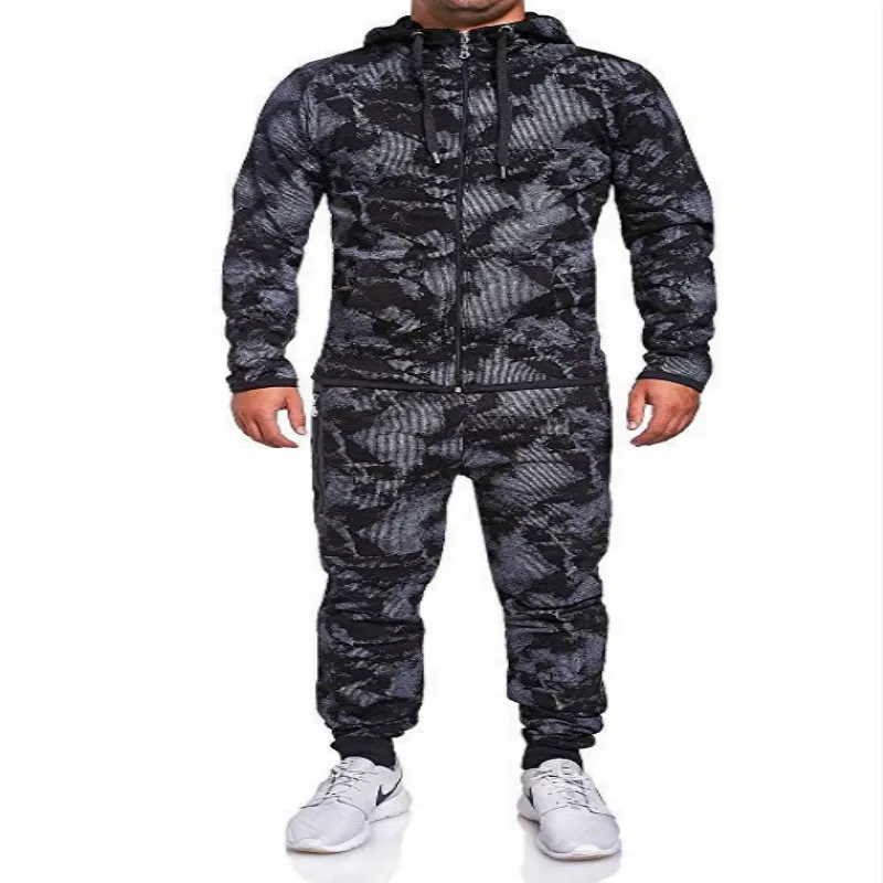 

2020 New Men's Camouflage Autumn Running Stitching Casual Jogger Tracksuit Sweatshirt Sports Set Gym Zipper Slim Fit Sport Suit
