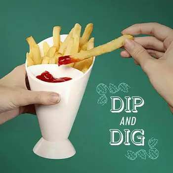 

New Kitchen Potato Tool Tableware 2 in 1 French Fry Cone with Dipping Cup Chips Cone Assorted Sauce Ketchup Jam Dip Cup