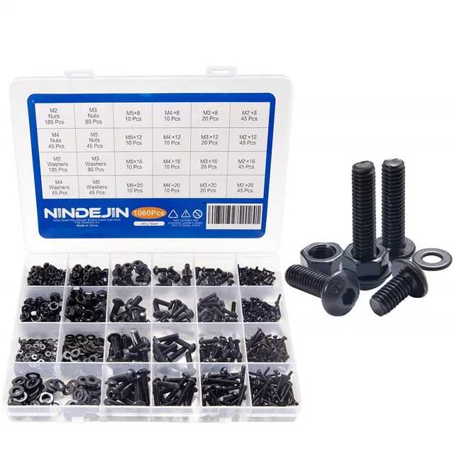 1060pcs M2 M3 M4 M5 Hex Socket Screw Set Carbon Steel Flat Round Cap Head Screws Bolts and Nuts Assortment Kit with Storage Box Round