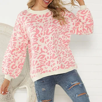 

Bikitique Loose Soft Knit Pullover Printed Round Neck Lantern Long Sleeve Rib Sweater Women Casual Fashion Sweater Pull Femme