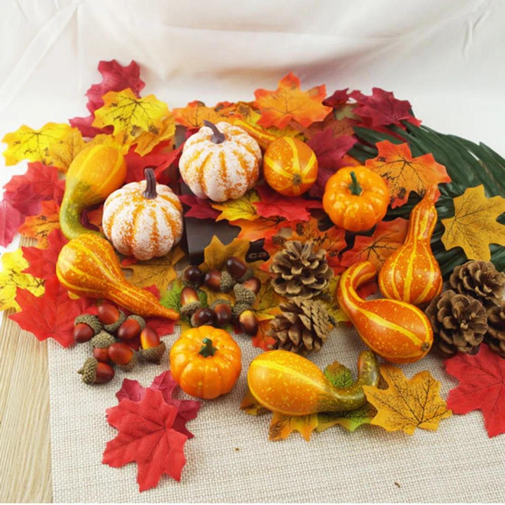 50Pcs Fall Harvest Decor Artificial Mini-Pumpkin Gourd Acorn Berries Maple Leaf