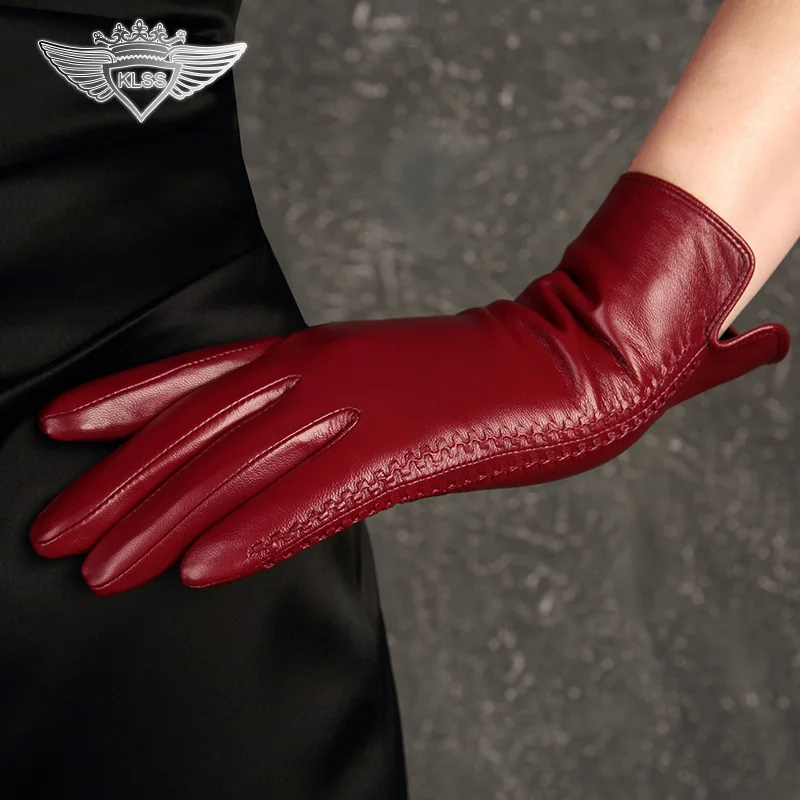 

KLSS 2020 Brand Genuine Leather Women Gloves High Quality Goatskin Gloves Winter Elegant Lady Sheepskin Glove Fashion Trend 22