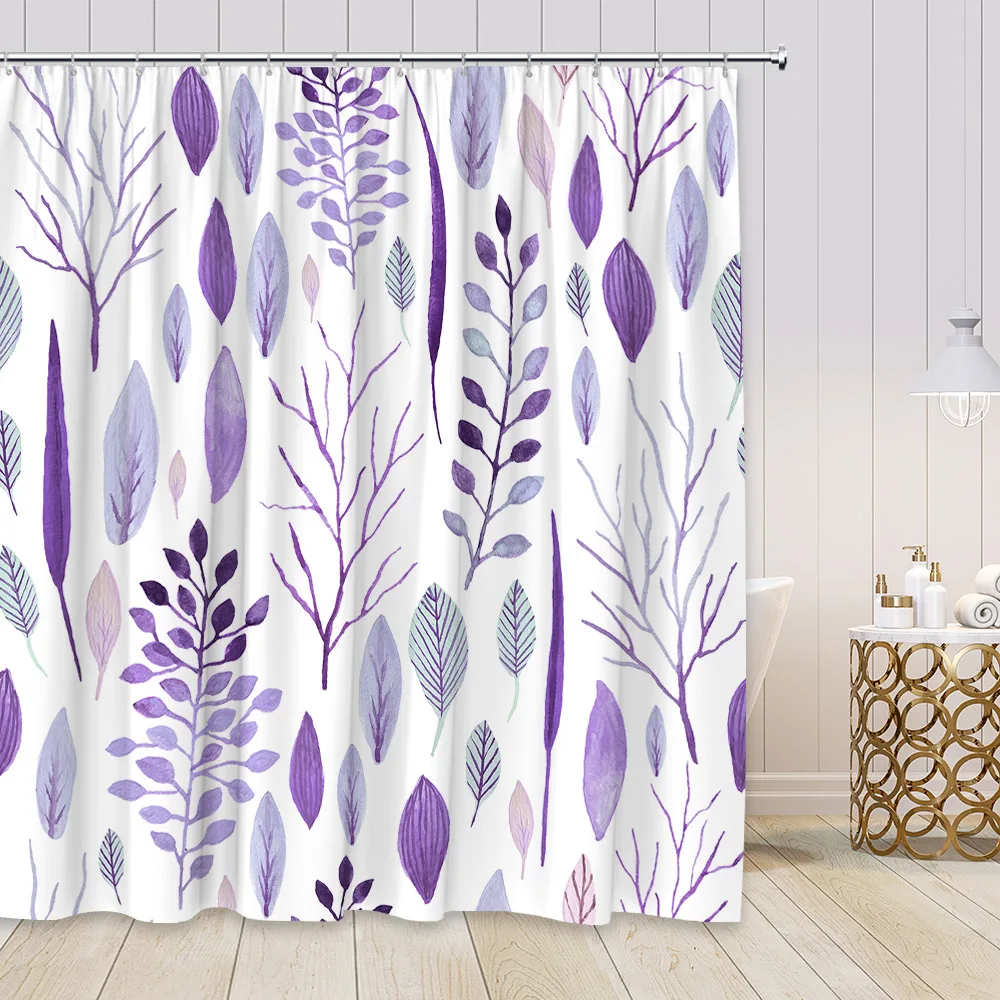 Purple Flower Grass Shower Curtain Watercolor Leaves Hand Painted Art Minimalist Decor Modern Nordic Fabric Bathroom Hooks | Дом и сад