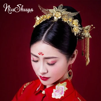 

NiuShuya Chinese Style Bride Headwear Phoenix Coronet Classical Wedding Accessories Golden Wing Shape Bridal Jewelry