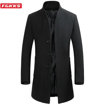 

FGKKS Winter New Wool Blend Coats Men Quality Brand Men's Fashion Business Casual Wool Overcoat Long Section Wool Coat Male