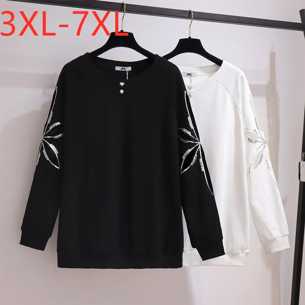 

New Ladies Autumn Winter Plus Size Tops For Women Large Long Sleeve Loose Black Sequins Cotton Thick T-shirt 3XL 4XL 5XL 6XL 7XL