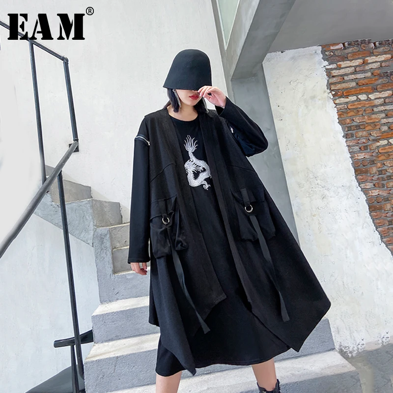 

[EAM] Women Black Pocket Split Joint Big Size LongLoose Fit Vest New V-collar Sleeveless Fashion Tide Spring Autumn 2020 1R671