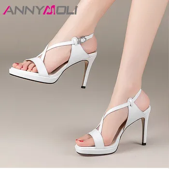 

ANNYMOLI Women Shoes Cross-tied Real Leather Sandals Platform Extreme High Heel Footwear Buckle Round Toe Ladies Sandals Black