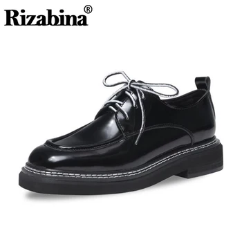 

Rizabina Women Genuine Leather Lace Up Pumps Fashion Preppy Chic Square Toe Platform Spring Shoes Woman Daily Outdoor Size 34-40