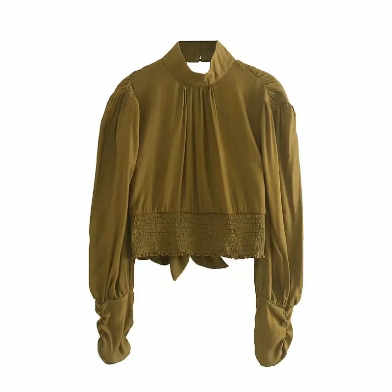 Женский винтажный воротник-стойка однотонная эластичная женская блузка