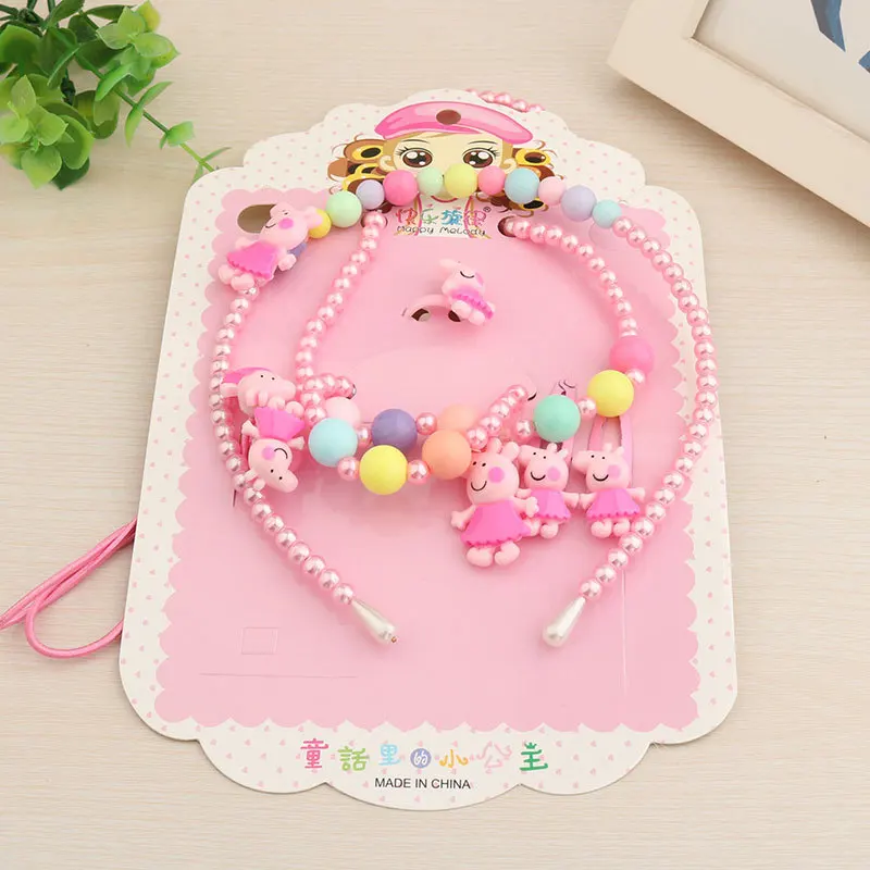 Page Pink Children's necklace, baby hair clip, princess hair decoration, cartoon head rope, 6 sets of sets, gift boxes - Окраска металла: Page Pink