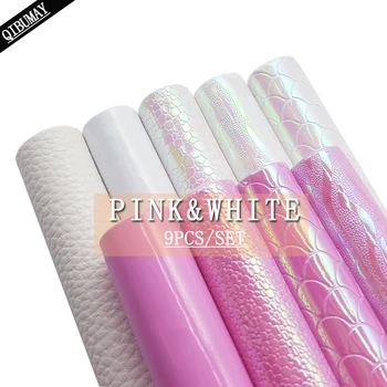 

QIBU 9pcs 22*30cm Pink&White Faux Leather Sheets Smooth Litchi Mermaid PU Leather For Bow DIY Earring Bags Materials Decroation