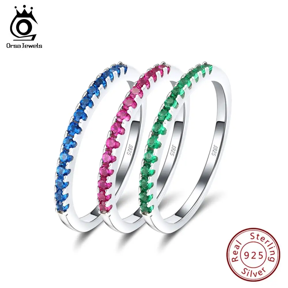 925 Серебряные кольца ORSA JEWELS, Стерлинговое Серебро, женские блестящие полурулоны, проложенные цветной, с кубическим цирконом, кольца, подарок на каждый день, ювелирные изделия SR188