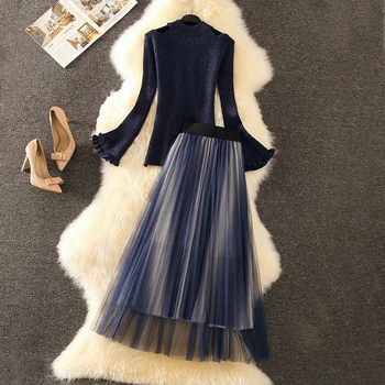 

Autumn Winter Women 2 Piece Set Female Flare Sleeve Knit Pullover Sweater Tops + Mesh Long Pleated Skirt Suits Two Piece Set