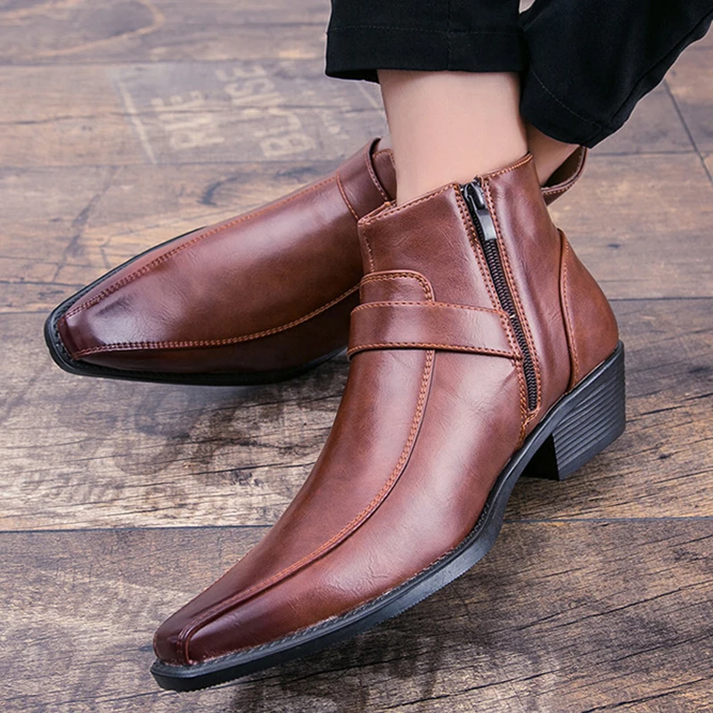 Men Retro Cowboy Chelsea Boots Leather Pointed Toe Zipper Autumn Winter