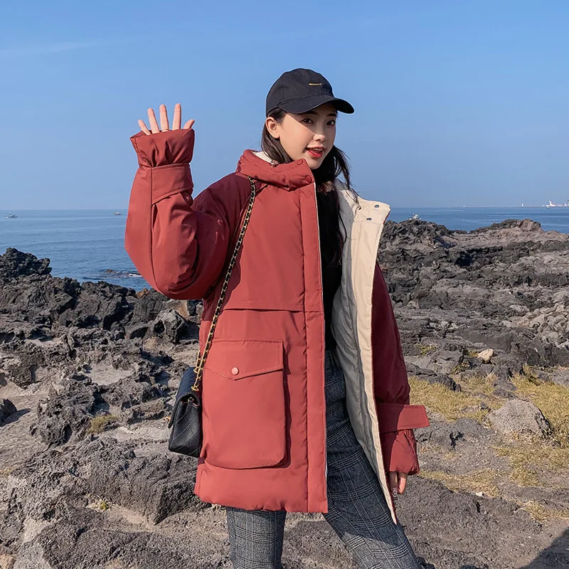 

2019 New Arrival Fashion Women Long Winter Jacket Cotton Padded Big Pocket Casual Ladies Coat Loose Hooded Parka Womens Jackets