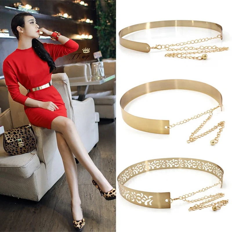 

Women Full Metal Waist Mirror Wide Gold Silver Plate Waistband Chains Belt