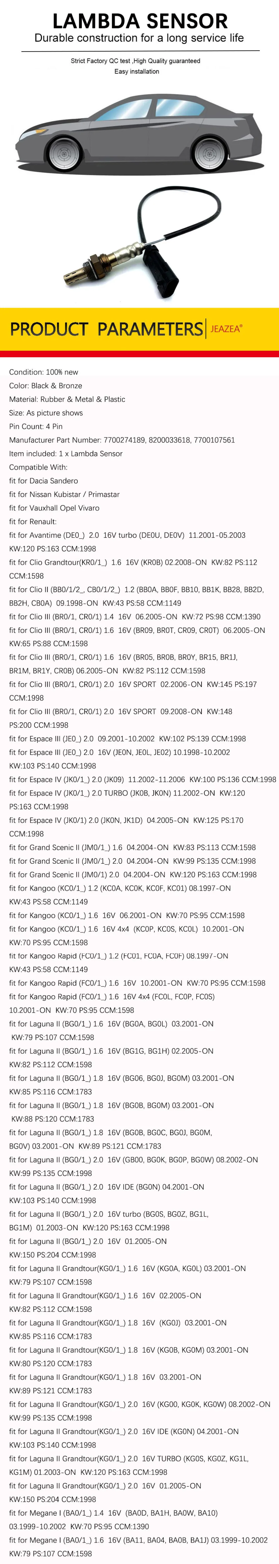 JEAZEA 4 Pin спереди и сзади lambda кислородный датчик зонд 1,2 1,4 1,6 1,8 2,0 16V 7700274189 8200033618 7700107561 подходит для Renault