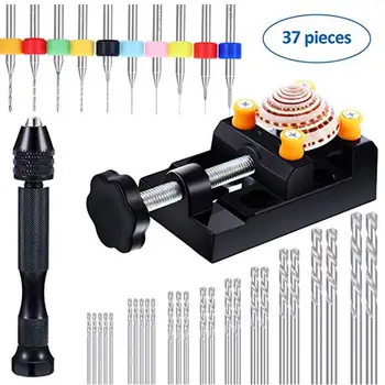 

37 Pieces Hand Drill Set with Mini Carving Drills Durable Twist Drill Bench Vice Sturdy Craft Carving DIY Tool Set