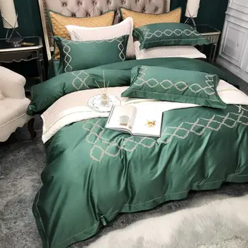 

4/6 pcs 120S Long-staple cotton Bedding Set embroidery Bed Set High density Bed Linen Queen King size Sheet Duvet Cover Green