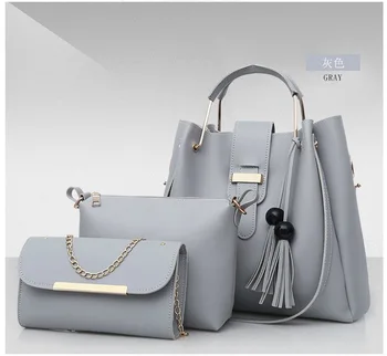 

SDN new ladies handbag, high-end PU solid color shoulder bag, European and American fashion casual tassel three-piece letter bag