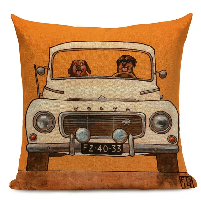 Hot Sale Pillow Lovely Cartoon Dog Cat Color Driving Car Vintage Almofadas 45X45CM Linen Pillow Decorative Linen Cushion Cover - Цвет: 15