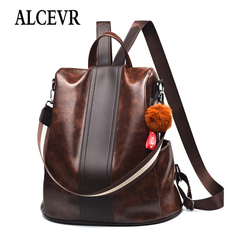 

ALCEVR Women Backpack Students Bags Fur Ball Hanging Casual High-capacity School Bags Solid Color Soft PU Leather Travel Bags