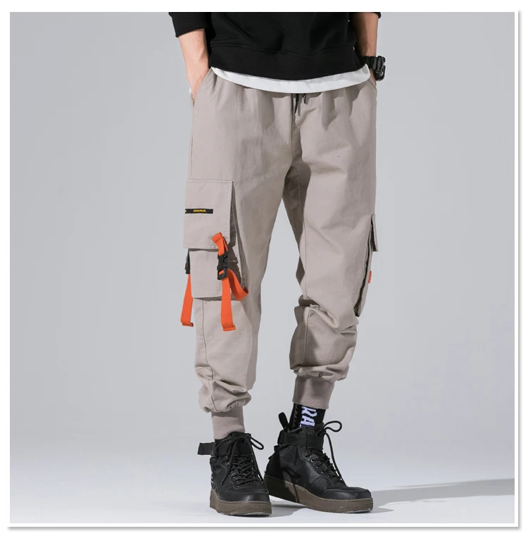 Брендовые мужские брюки карго, хлопковые брюки с большим карманом, украшенные лентой, мужские брюки в стиле хип-хоп, повседневные Модные брюки карго для бега, мужские A851