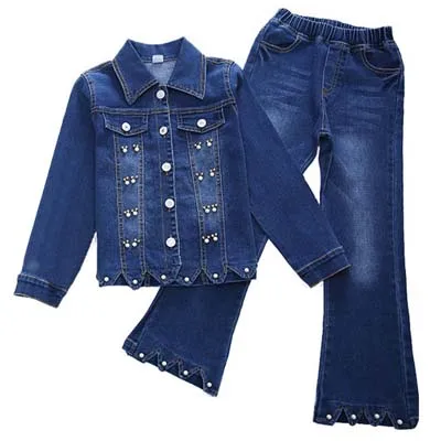 2pcs Tops-Trousers B Детские джинсовые Комплекты одежды из джинсовой ткани для девочек весенне-осенние повседневные джинсовые куртки с вышивкой и штаны для девочек - Цвет: 2pcs Tops-Trousers B