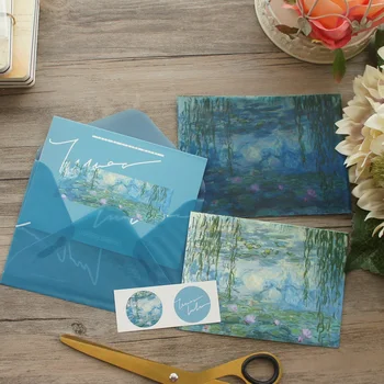 

2 Envelopes 2 Card Sticker Set Lotus In Lake Oil Painting Design Envelop As Message Card Invitation Envelop Transparent Paper