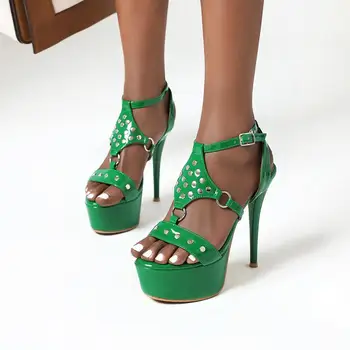 

Women High Heels Sandals Summer Square Heels rivet Heeled Platform Shoes Ladies Sexy Party Wedding Shoes zapatos mujer